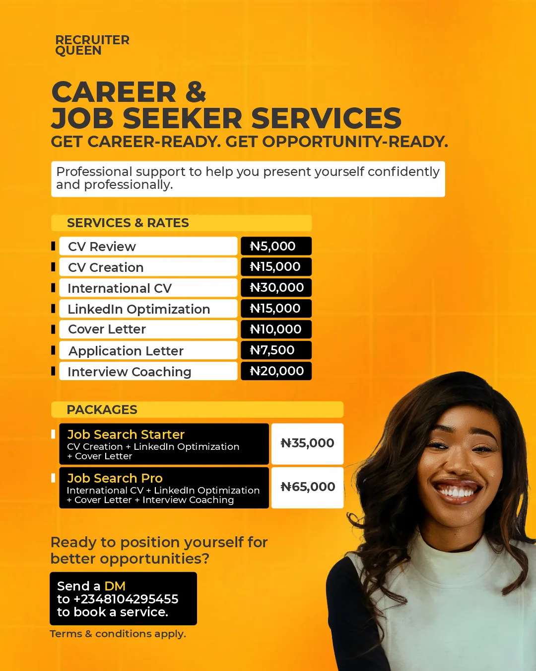 Rate card: CV review, CV creation, international CV, LinkedIn optimization, cover letter, interview coaching and job search packages