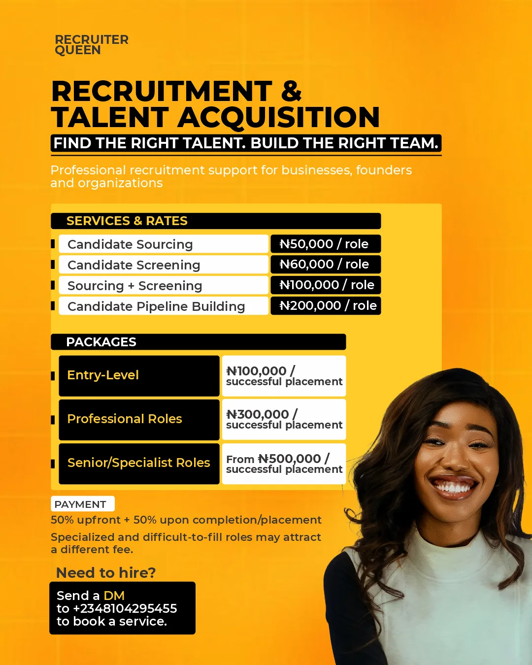 Rate card: candidate sourcing, screening, pipeline building and placement packages
