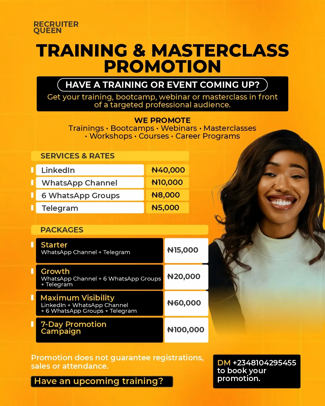 Rate card: promotion for trainings, bootcamps, webinars and masterclasses