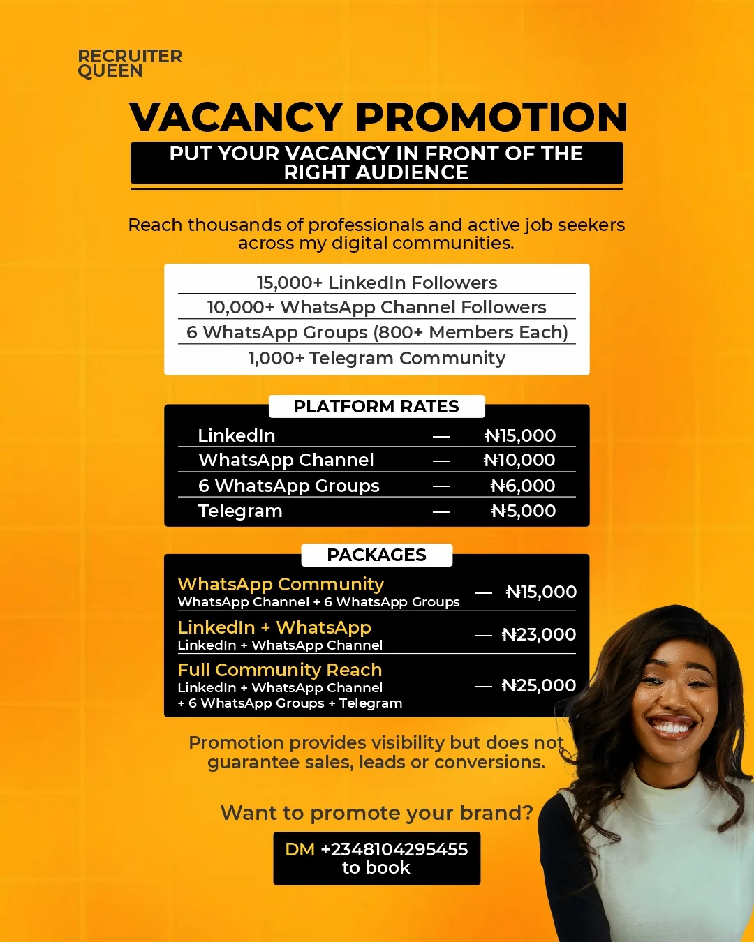 Rate card: vacancy promotion across LinkedIn, WhatsApp Channel, WhatsApp groups and Telegram